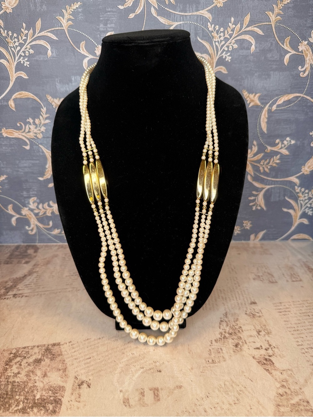 Vintage Faux Pearl Multi Strand Necklace Gold Tone Beads Estate Lot A59